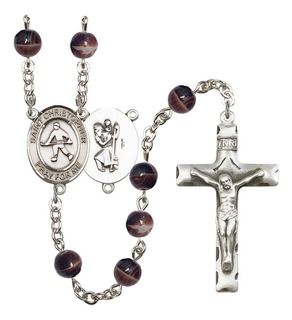 St. Christopher / Field Hockey Rosary, 7mm Brown Glass Beads, Silver Plate, # 12297