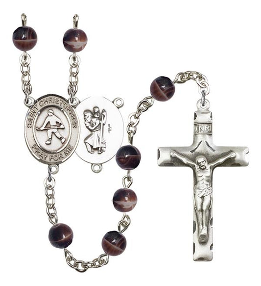 St. Christopher / Field Hockey Rosary, 7mm Brown Glass Beads, Silver Plate, # 12297