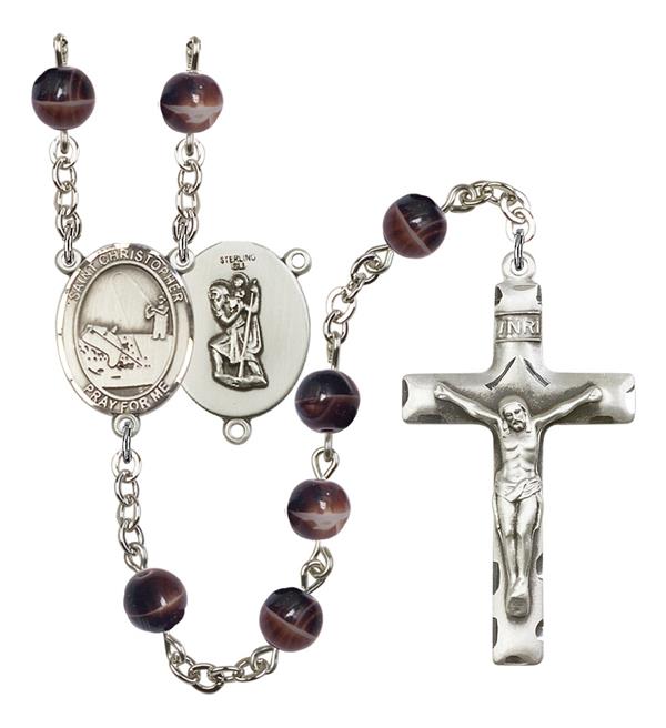 St. Christopher / Fishing Rosary, 7mm Brown Glass Beads, Silver Plate, # 12298