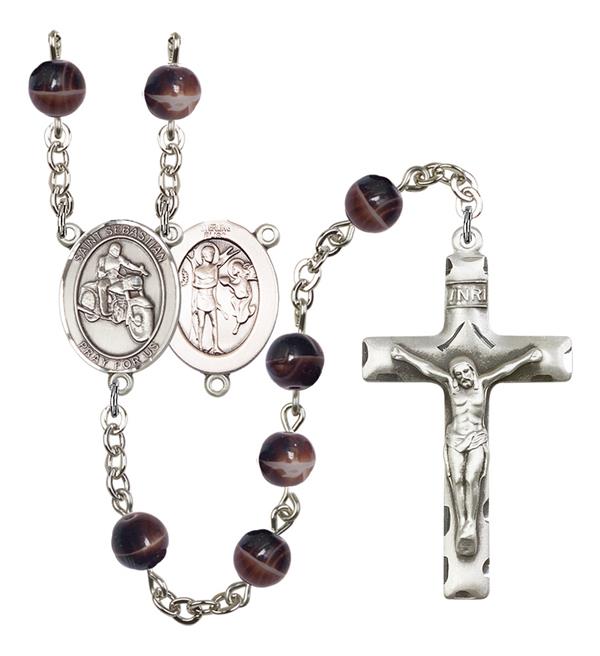 St. Sebastian / Motorcycle Rosary, 7mm Brown Glass Beads, Silver Plate, # 12299