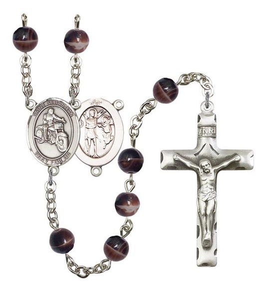 St. Sebastian / Motorcycle Rosary, 7mm Brown Glass Beads, Silver Plate, # 12299