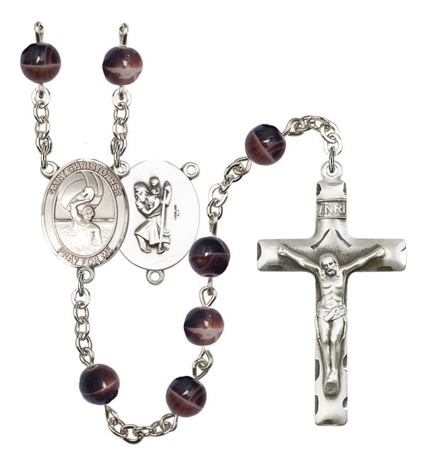 St. Christopher / Men's Water Polo Rosary, 7mm Brown Glass Beads, Silver Plate, # 12300