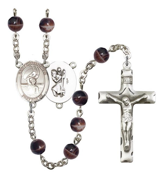 St. Christopher / Men's Water Polo Rosary, 7mm Brown Glass Beads, Silver Plate, # 12300