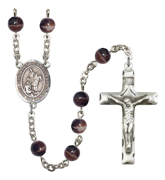 San Martin Caballero Spanish Rosary, 7mm Brown Glass Beads, Silver Plate, # 12303