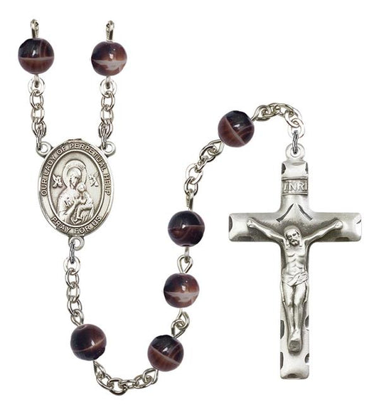 Our Lady of Perpetual Help Rosary, 7mm Brown Glass Beads, Silver Plate, # 12330