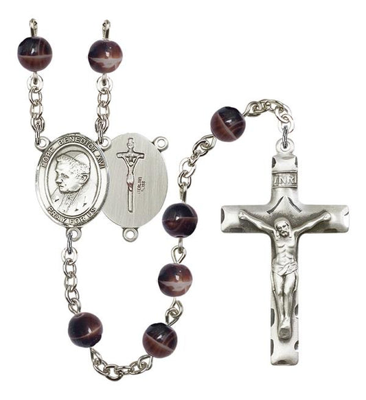Pope Benedict XVI Rosary, 7mm Brown Glass Beads, Silver Plate, # 12344