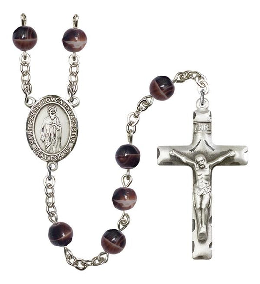 St. Bartholomew the Apostle Rosary, 7mm Brown Glass Beads, Silver Plate, # 12347