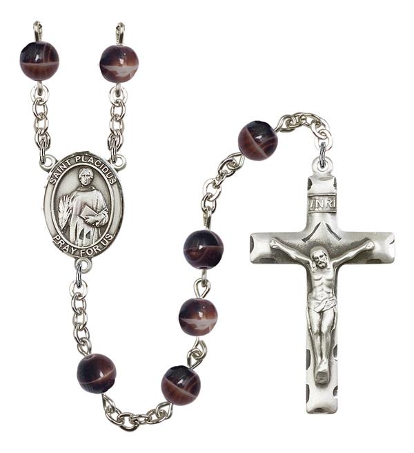 St. Placidus Rosary, 7mm Brown Glass Beads, Silver Plate, # 12349