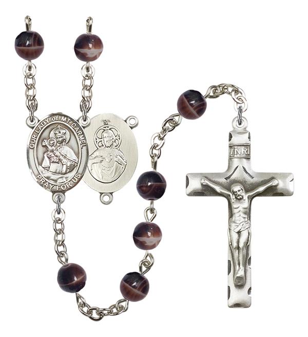 Our Lady of Mount Carmel Rosary, 7mm Brown Glass Beads, Silver Plate, # 12352