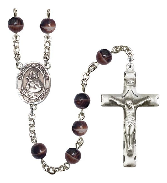 Virgen del Carmen Spanish Rosary, 7mm Brown Glass Beads, Silver Plate, # 12353