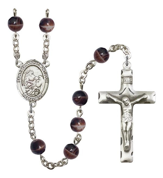 St. Bernard of Montjoux Rosary, 7mm Brown Glass Beads, Silver Plate, # 12375