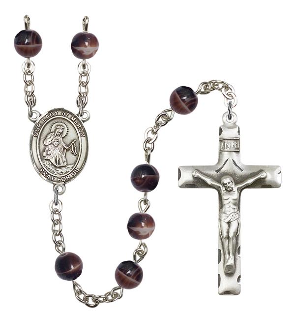 Our Lady of Mercy Rosary, 7mm Brown Glass Beads, Silver Plate, # 12404
