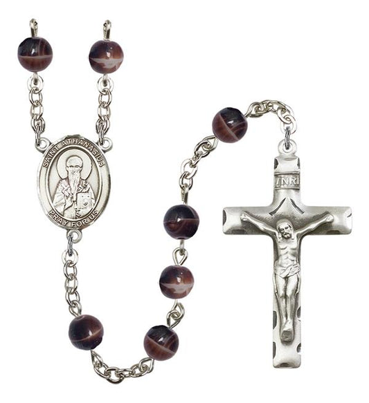 St. Athanasius Rosary, 7mm Brown Glass Beads, Silver Plate, # 12412
