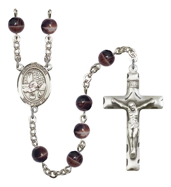 St. Rosalia Rosary, 7mm Brown Glass Beads, Silver Plate, # 12426