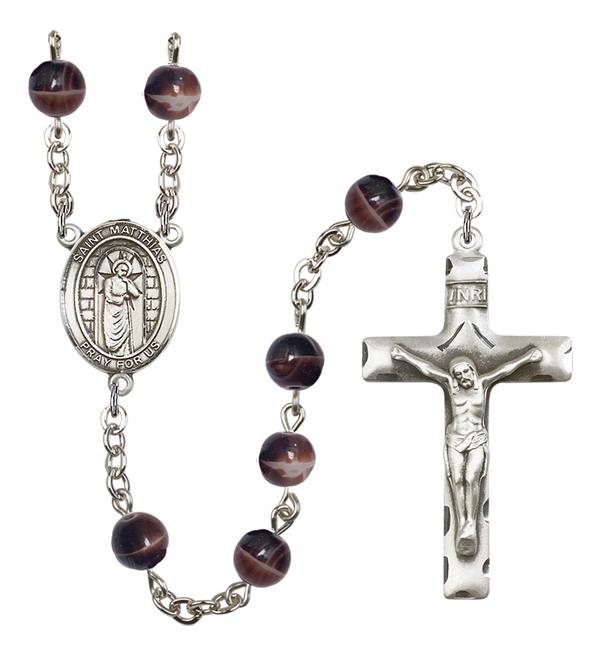 St. Matthias the Apostle Rosary, 7mm Brown Glass Beads, Silver Plate, # 12448