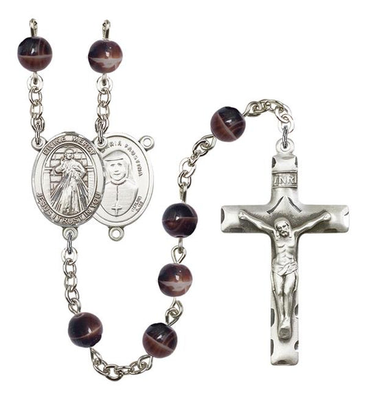 Divine Mercy Rosary, 7mm Brown Glass Beads, Silver Plate, # 12485
