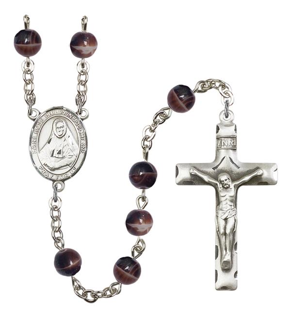 St. Rose Philippine Duchesne Rosary, 7mm Brown Glass Beads, Silver Plate, # 12491