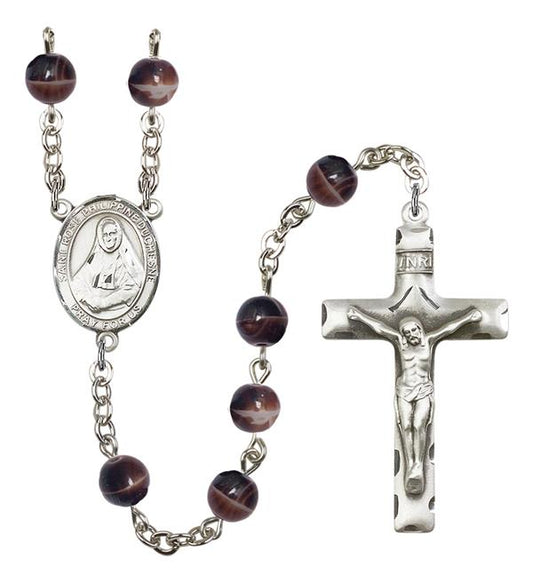 St. Rose Philippine Duchesne Rosary, 7mm Brown Glass Beads, Silver Plate, # 12491