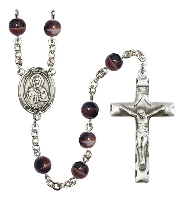 St. Marina Rosary, 7mm Brown Glass Beads, Silver Plate, # 12500