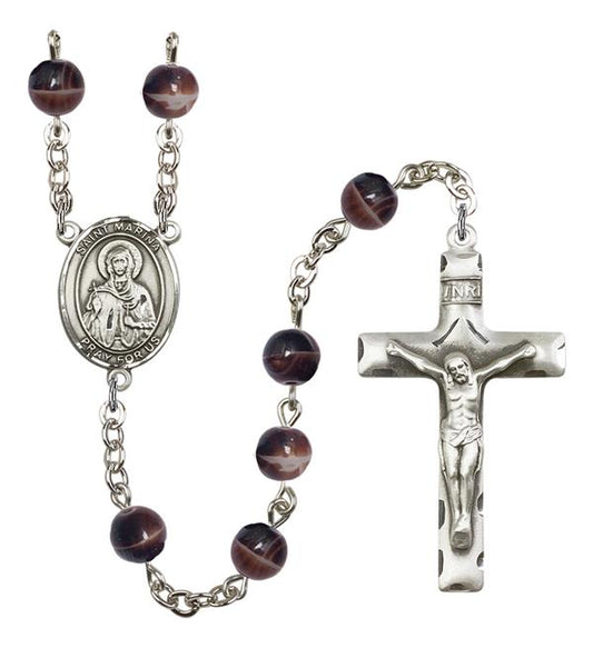 St. Marina Rosary, 7mm Brown Glass Beads, Silver Plate, # 12500