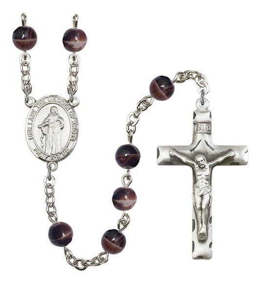 Our Lady Undoer of Knots Rosary, 7mm Brown Glass Beads, Silver Plate, # 12505