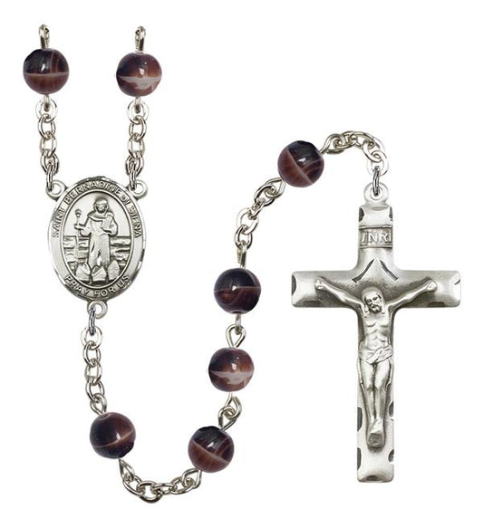 St. Bernadine of Sienna Rosary, 7mm Brown Glass Beads, Silver Plate, # 12517