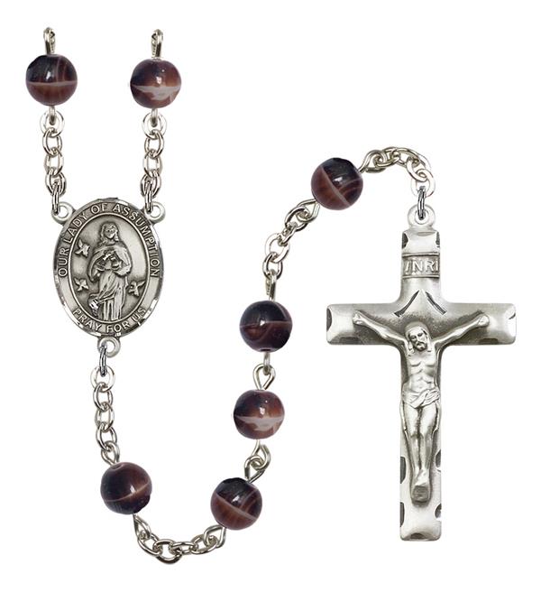 Our Lady of the Assumption Rosary, 7mm Brown Glass Beads, Silver Plate, # 12523
