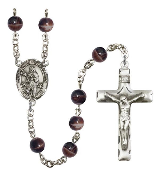 Our Lady of the Assumption Rosary, 7mm Brown Glass Beads, Silver Plate, # 12523