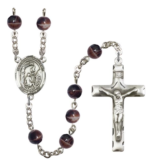 St. Paul the Hermit Rosary, 7mm Brown Glass Beads, Silver Plate, # 12537