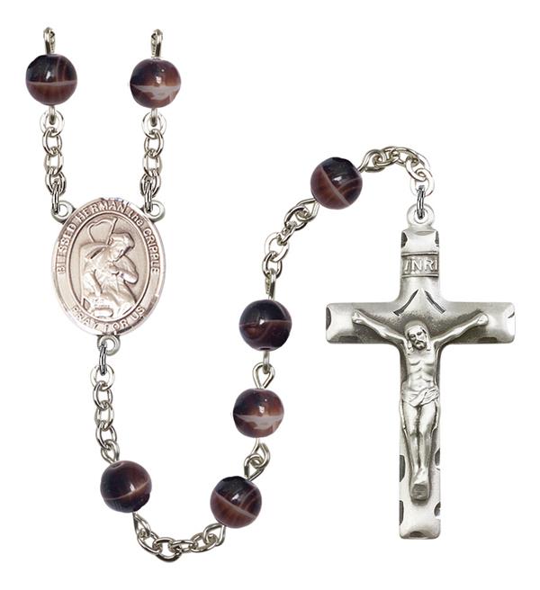 Blessed Herman the Cripple Rosary, 7mm Brown Glass Beads, Silver Plate, # 12550
