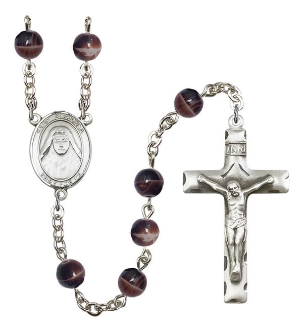 St. Alphonsa of India Rosary, 7mm Brown Glass Beads, Silver Plate, # 12558