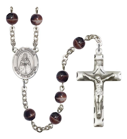 Our Lady of Rosa Mystica Spanish Rosary, 7mm Brown Glass Beads, Silver Plate, # 12568