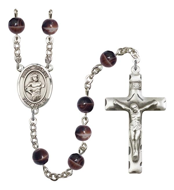 St. Dismas Rosary, 7mm Brown Glass Beads, Silver Plate, # 12573