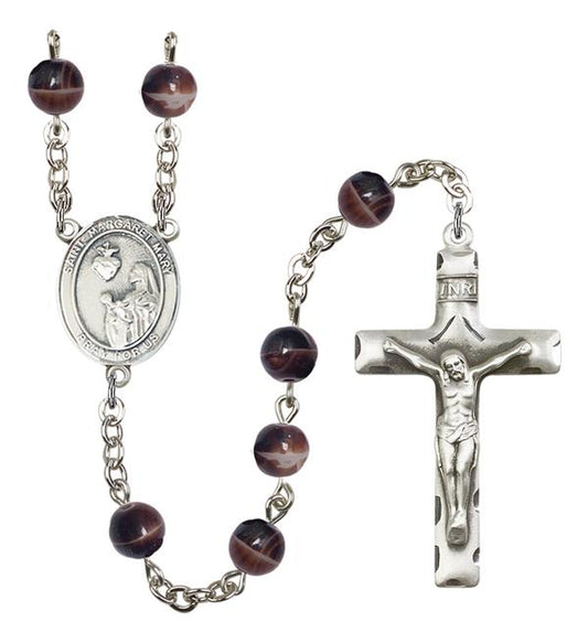 St. Margaret Mary Alacoque Rosary, 7mm Brown Glass Beads, Silver Plate, # 12575