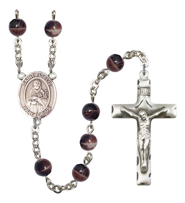 St. Fidelis Rosary, 7mm Brown Glass Beads, Silver Plate, # 12581
