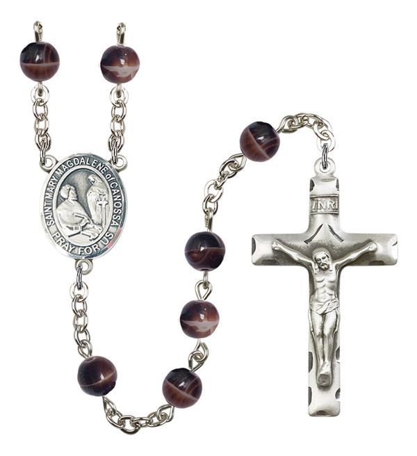 St. Mary Magdalene of Canossa Rosary, 7mm Brown Glass Beads, Silver Plate, # 12584