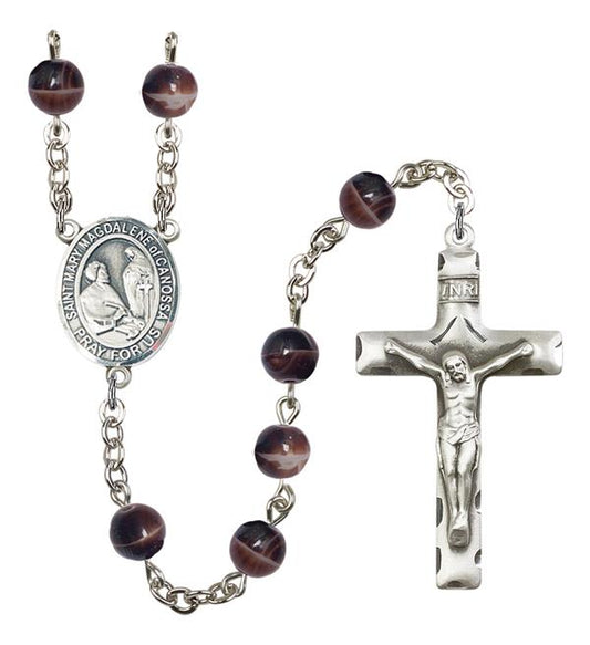 St. Mary Magdalene of Canossa Rosary, 7mm Brown Glass Beads, Silver Plate, # 12584