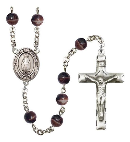 Our Lady of Good Help Rosary, 7mm Brown Glass Beads, Silver Plate, # 12586
