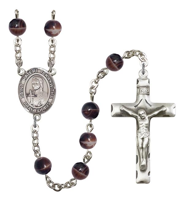 St. Kateri Tekakwitha Rosary, 7mm Brown Glass Beads, Silver Plate, # 12591