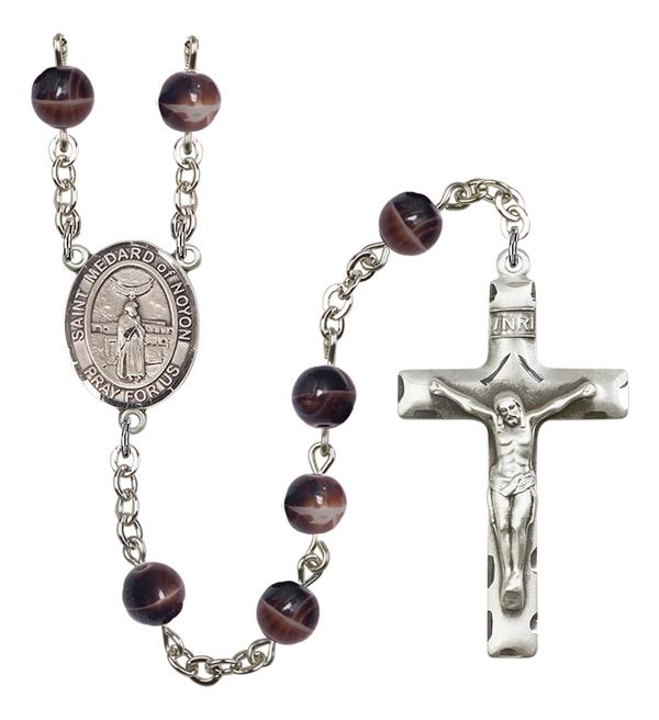 St. Medard of Noyon Rosary, 7mm Brown Glass Beads, Silver Plate, # 12597