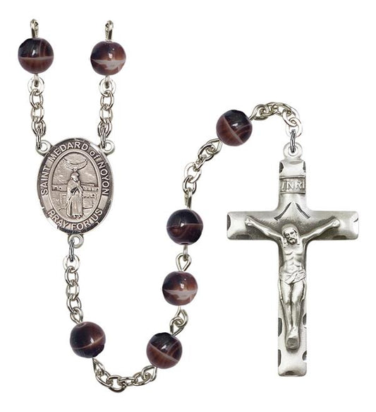 St. Medard of Noyon Rosary, 7mm Brown Glass Beads, Silver Plate, # 12597