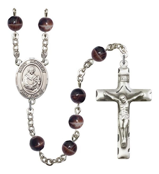 St. Norbert of Xanten Rosary, 7mm Brown Glass Beads, Silver Plate, # 12600