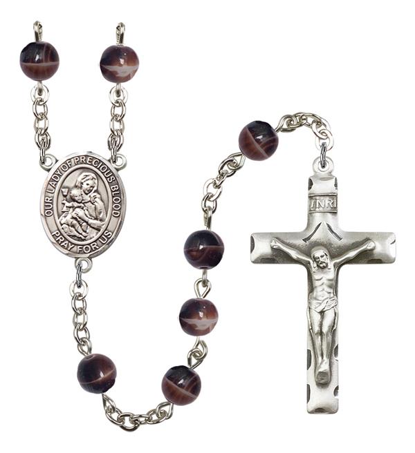 Our Lady of the Precious Blood Rosary, 7mm Brown Glass Beads, Silver Plate, # 12601