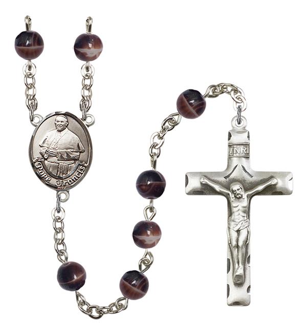Pope Francis Rosary, 7mm Brown Glass Beads, Silver Plate, # 12604