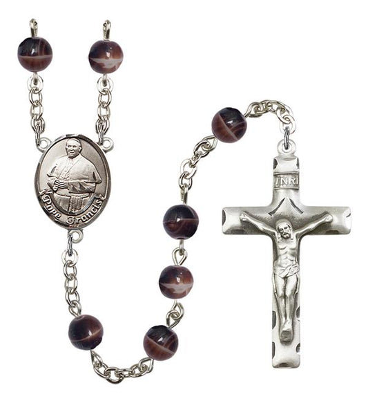 Pope Francis Rosary, 7mm Brown Glass Beads, Silver Plate, # 12604