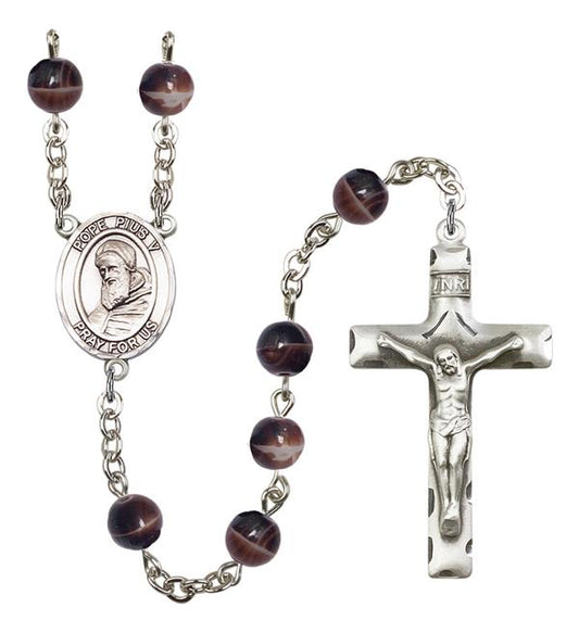 Pope Pius V Rosary, 7mm Brown Glass Beads, Silver Plate, # 12606