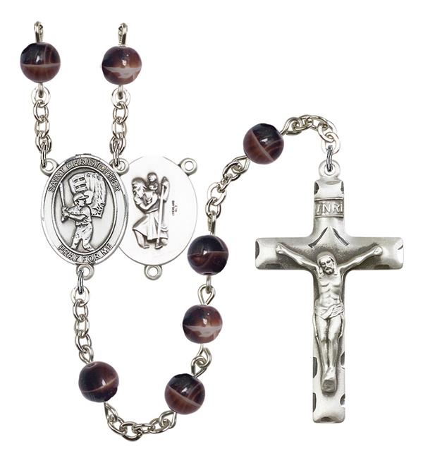 St. Christopher / Baseball Rosary, 7mm Brown Glass Beads, Silver Plate, # 12608