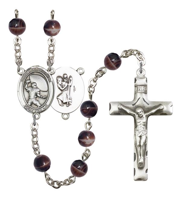 St. Christopher / Football Rosary, 7mm Brown Glass Beads, Silver Plate, # 12609