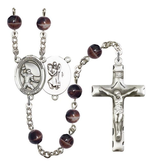 St. Christopher / Football Rosary, 7mm Brown Glass Beads, Silver Plate, # 12609