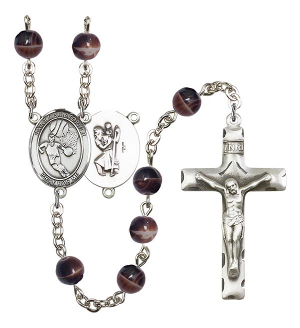 St. Christopher / Basketball Rosary, 7mm Brown Glass Beads, Silver Plate, # 12610